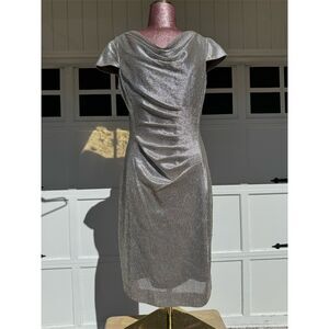Tahari by ASL Metallic Silver Cowl Neck Knee Length Dress Cap Sleeve Size 8